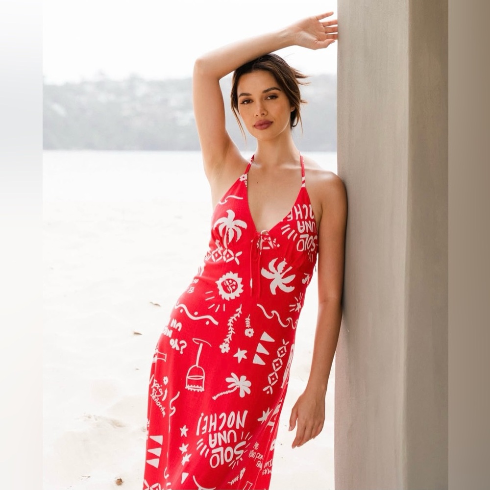 Anthropologie Red Graphic Halter Maxi Dress